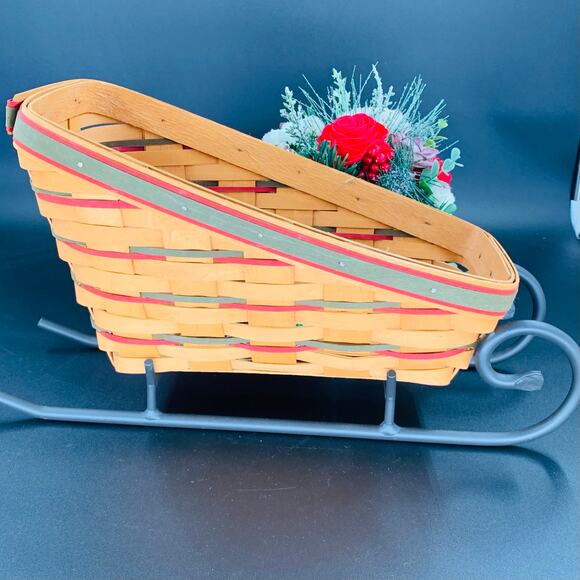 Longaberger Sleigh Basket Holiday With Wrought Iron Runner 16811 Woven Red Green - Picture 10 of 12